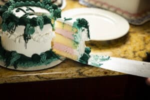 Cake with vibrant layers and decorative frosting, perfect for celebrations at Angelo's Restaurant.