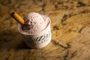 Creamy gelato with a cookie stick in a branded cup.